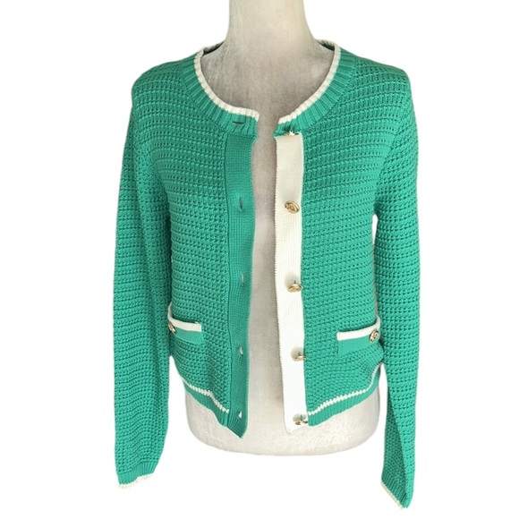 Nicole Miller Green & White Gold Crest Button Cropped Knit Cardigan - S - Picture 11 of 11
